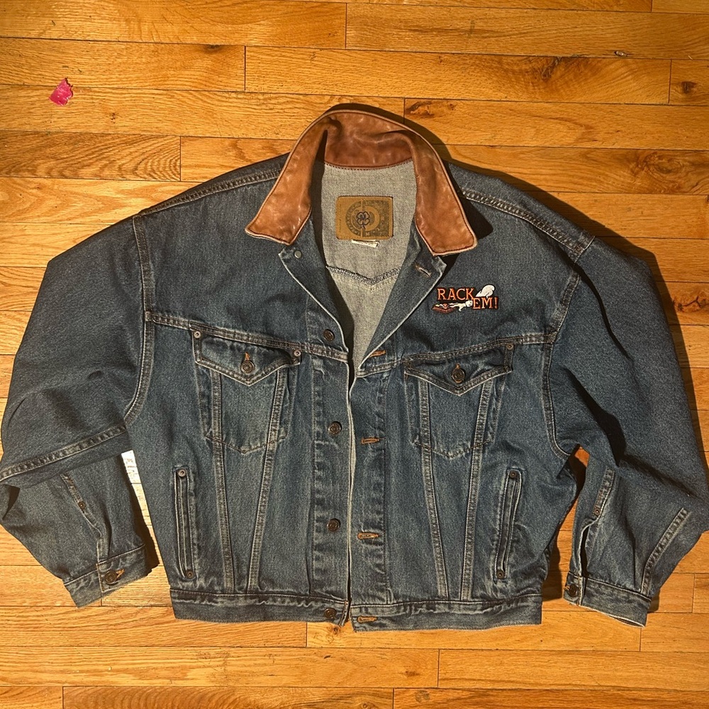 Vintage Denim Jacket with Brown Leather Collar And Cool Billiards Patch